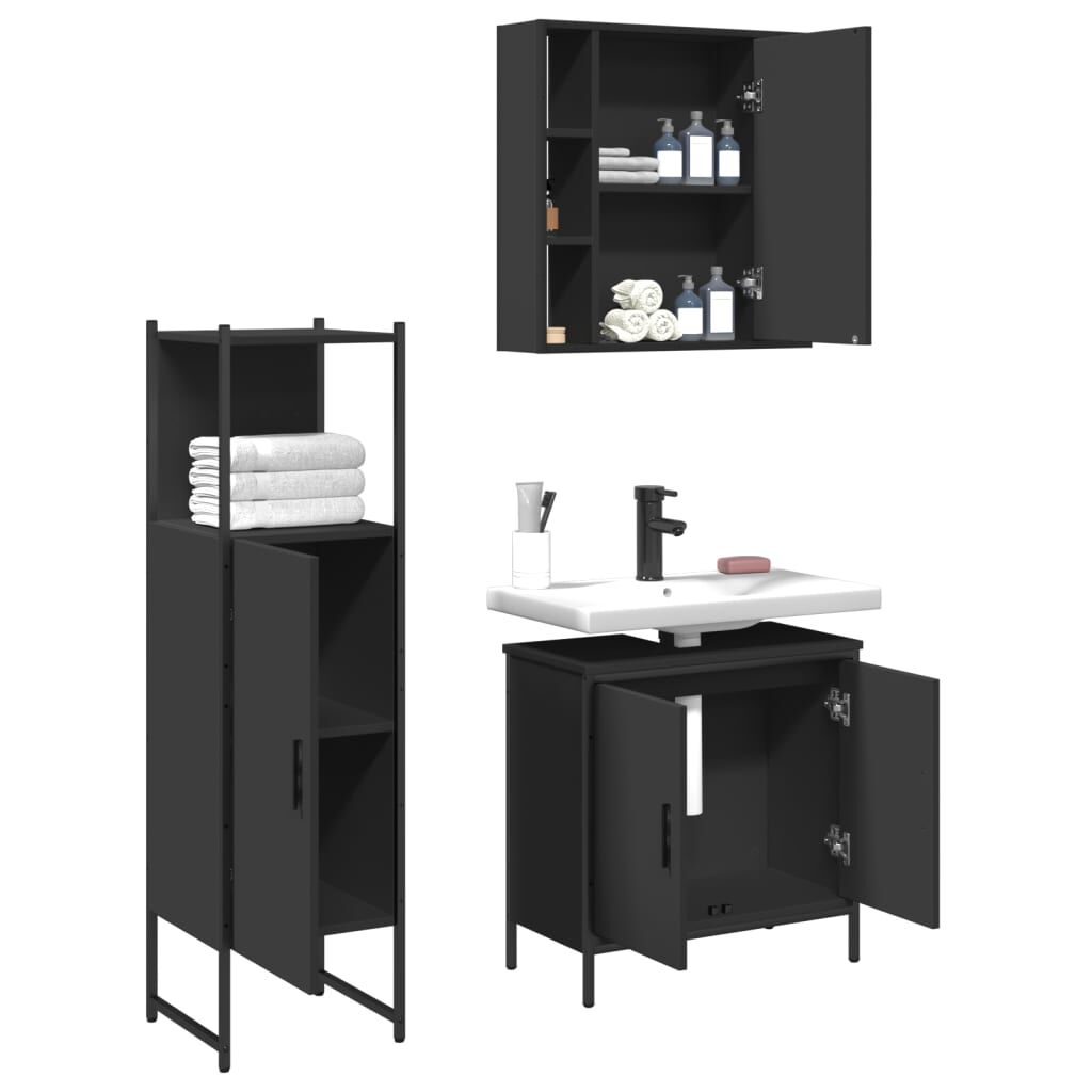 vidaXL 3 Piece Bathroom Cabinet Set Black Engineered Wood